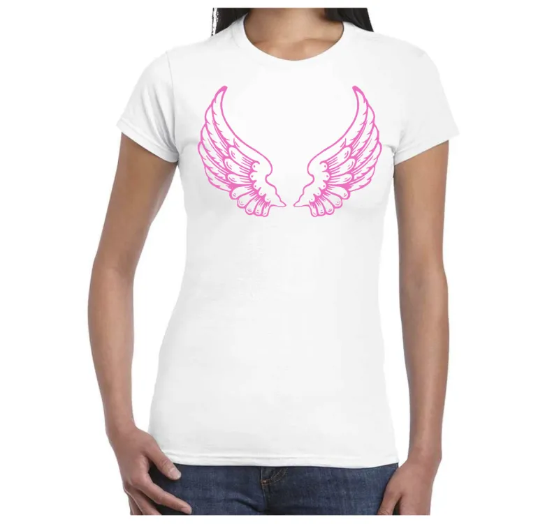 White t-shirt with pink wings