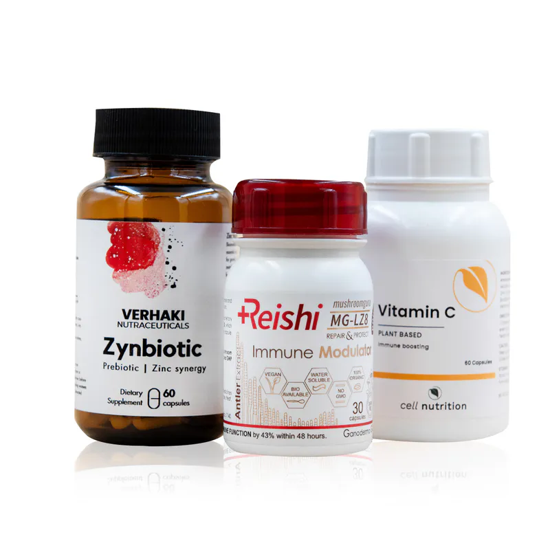 Hero Immune bundle Verhaki Zynbiotic 60 capsules Cell Nutrition Vitamin C 60 capsules and Reishi Immune Modulator 30 capsules