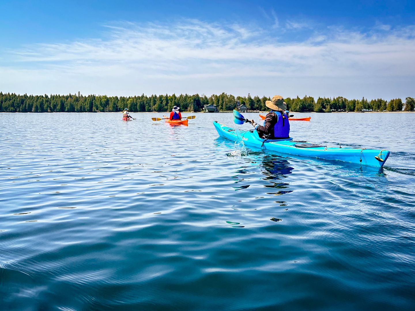 Four colorful solo sea kayaks paddle toward a cedar tree lined shoreline in the Les Cheneaux Islands of Lake Huron while on a kayak trip with Woods & Waters.