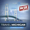 Travel Michigan podcast logo featuring the Mackinac Bridge