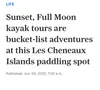 Image shows the mLive article title: Sunset, Full Moon kayak tours are bucket-list adventures at this Les Cheneaux Islands paddling spot