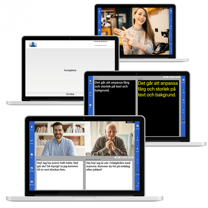 Flera laptops visar olika funktioner i TM – en bildtelefon med text och video.