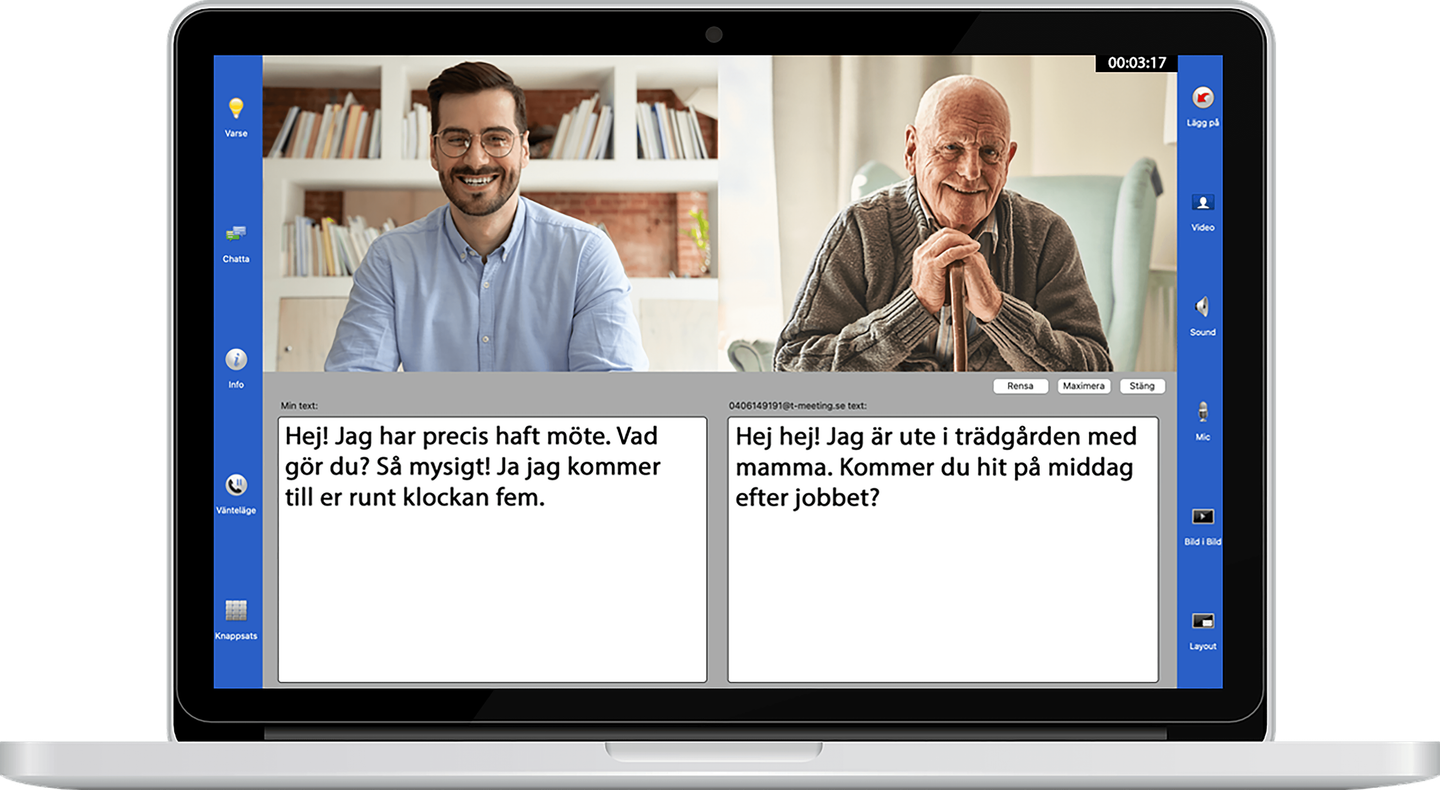Videosamtal med realtidschatt visas på skärmen i TMs gränssnitt.