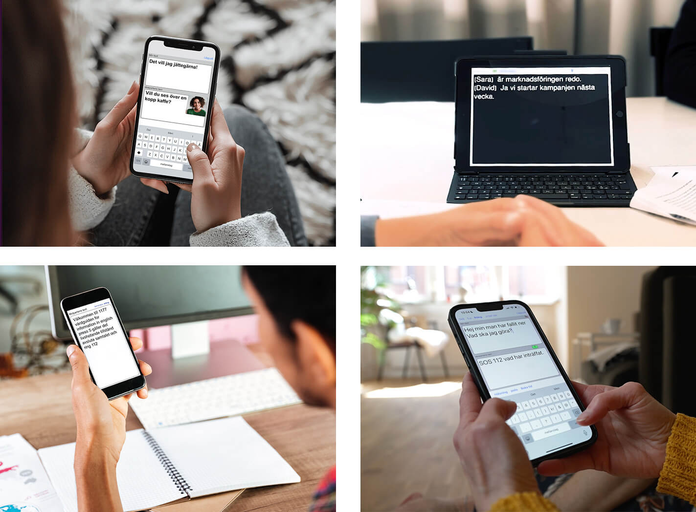 Olika skärmar visar TERA med text- och videosamtal i vardagssituationer.