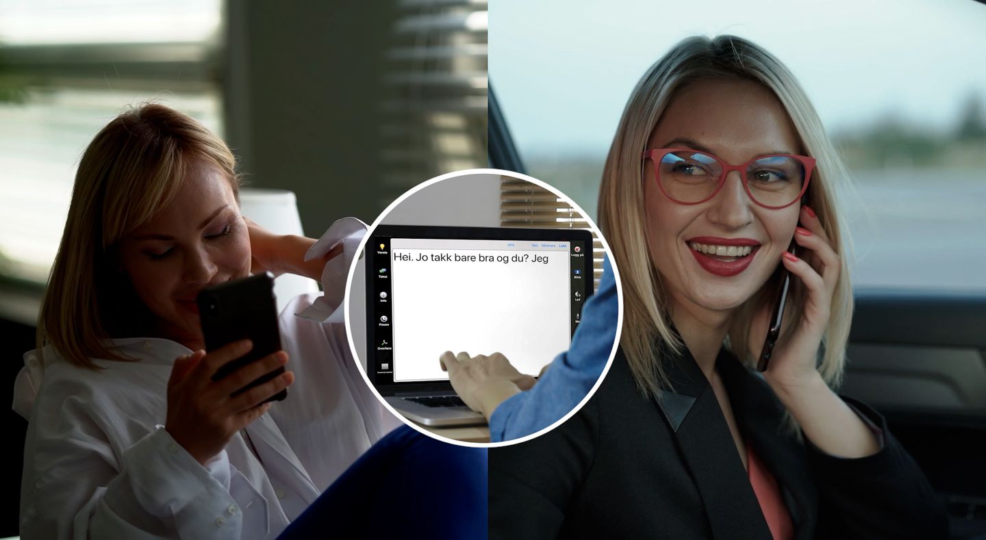 Kvinna skriver i mobilen, tolk förmedlar till kvinna som pratar i telefon.